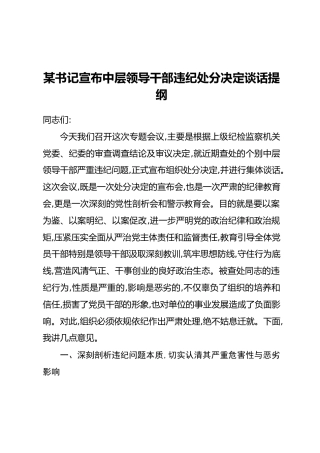 某书记宣布中层领导干部违纪处分决定谈话提纲（2）