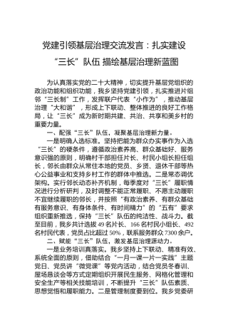 党建引领基层治理交流发言：扎实建设“三长”队伍描绘基层治理新蓝图