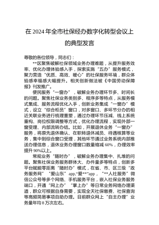 在2024年全市社保经办数字化转型会议上的典型发言