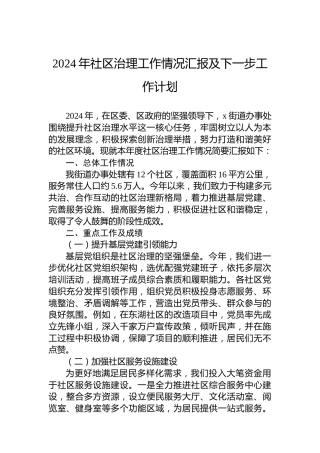 2024年社区治理工作情况汇报及下一步工作计划