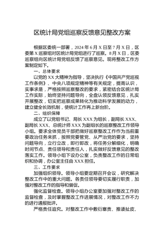 区统计局党组巡察反馈意见整改方案
