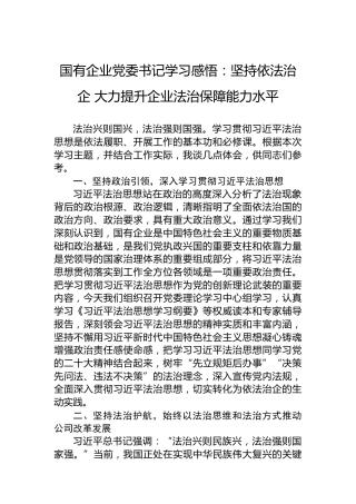 国有企业党委书记学习感悟：坚持依法治企大力提升企业法治保障能力水平