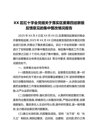 XX区红十字会党组关于落实区委第四巡察组反馈意见的集中整改情况报告