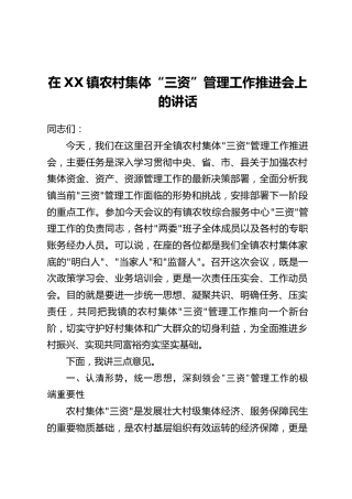 在XX镇农村集体“三资”管理工作推进会上的讲话