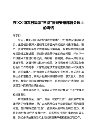 在XX镇农村集体“三资”管理安排部署会议上的讲话