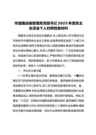 市道路运输管理局党组书记2025年度民主生活会个人对照检查材料