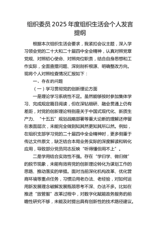 组织委员2025年度组织生活会个人发言提纲