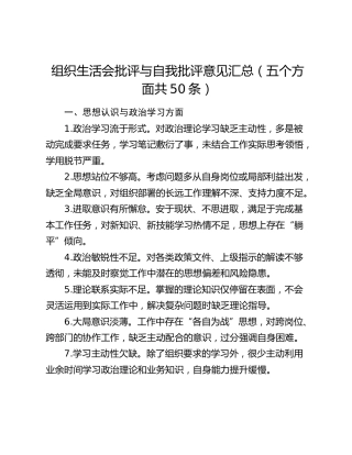 组织生活会批评与自我批评意见汇总（五个方面共50条）
