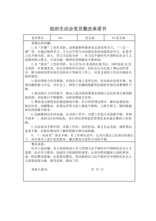 组织生活会党员整改承诺书