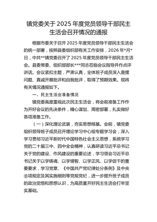 镇党委关于2025年度党员领导干部民主生活会召开情况的通报