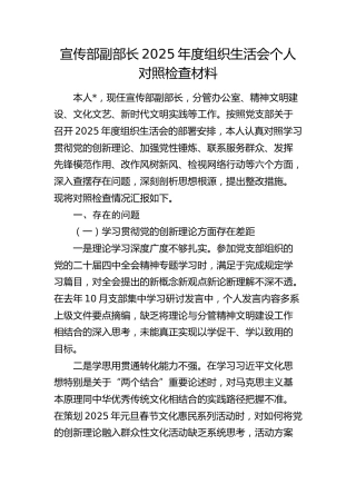 宣传部副部长2025年度组织生活会个人对照检查材料
