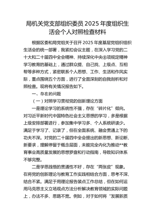 局机关党支部组织委员2025年度组织生活会个人对照检查材料