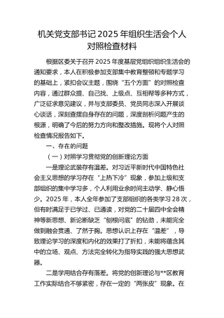 机关党支部书记2025年组织生活会个人对照检查材料