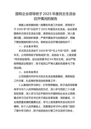国有企业领导班子2025年度民主生活会召开情况的报告