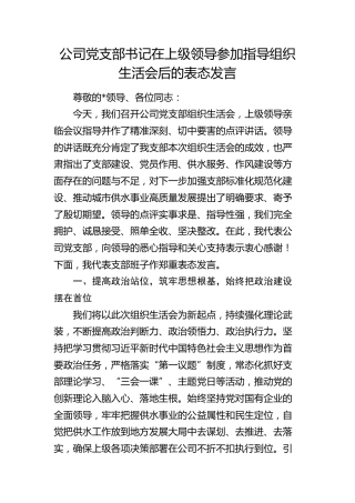公司党支部书记在上级领导参加指导组织生活会后的表态发言
