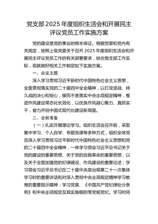 党支部2025年度组织生活会和开展民主评议党员工作实施方案