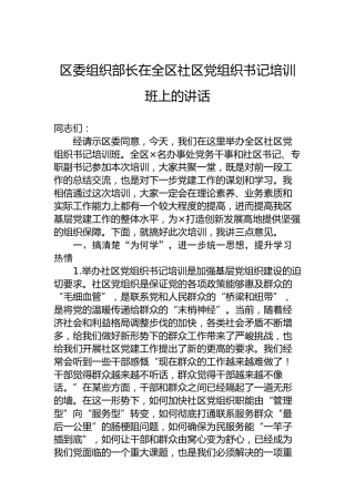 区委组织部长在全区社区党组织书记培训班上的讲话
