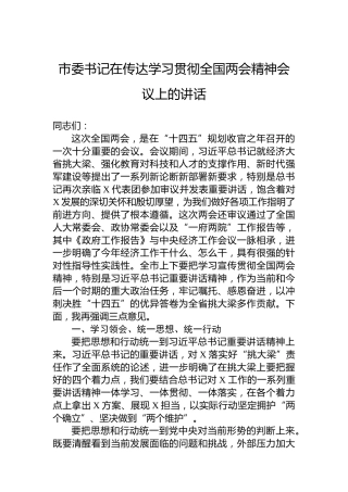 市委书记在传达学习贯彻全国两会精神会议上的讲话