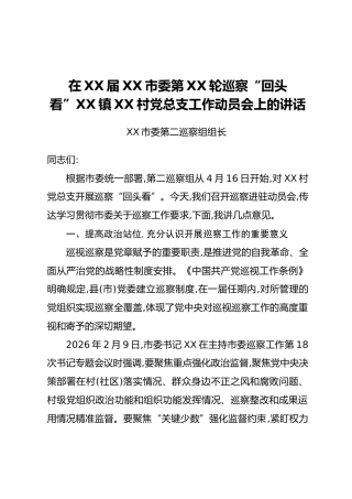 在XX届XX市委第XX轮巡察“回头看”XX镇XX村党总支工作动员会上的讲话