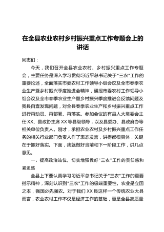 在全县农业农村乡村振兴重点工作专题会上的讲话
