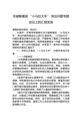 在破解基层“小马拉大车”突出问题专题会议上的汇报发言