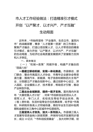市人才工作经验做法：打造精准引才模式开创“以产聚才、以才兴产、产才互融”生动局面