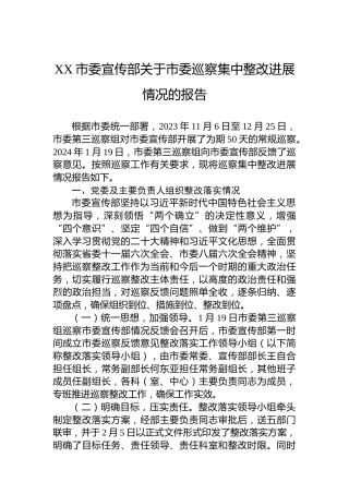 XX市委宣传部关于市委巡察集中整改进展情况的报告