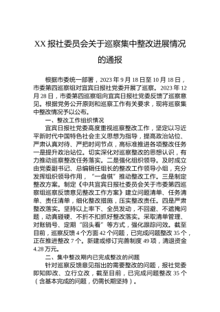 XX报社委员会关于巡察集中整改进展情况的通报