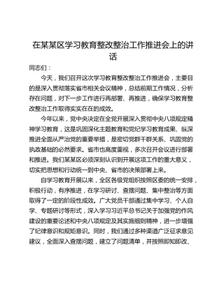 在某某区学习教育整改整治工作推进会上的讲话