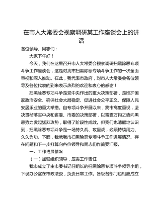 在市人大常委会视察调研某工作座谈会上的讲话