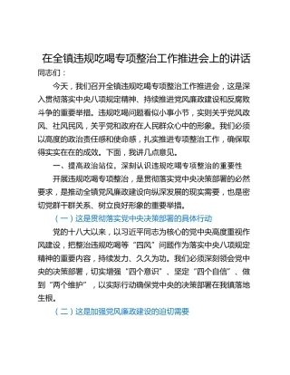 在全镇违规吃喝专项整治工作推进会上的讲话
