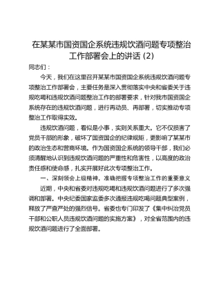 在某某市国资国企系统违规饮酒问题专项整治工作部署会上的讲话 (2)