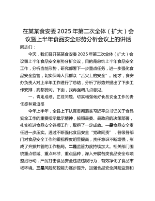 在某某食安委2025年第二次全体（扩大）会议暨上半年食品安全形势分析会议上的讲话