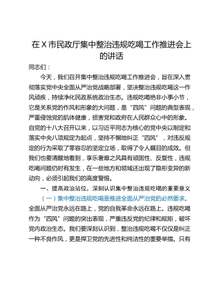 在X市民政厅集中整治违规吃喝工作推进会上的讲话