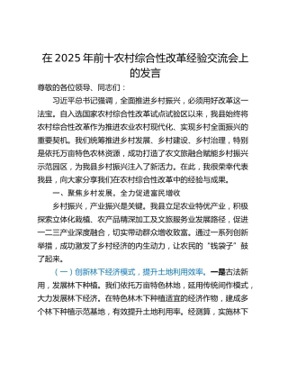 在2025年前十农村综合性改革经验交流会上的发言