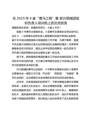 在2025年X省“青马工程”暨 新兴领域团组织负责人培训班上的交流发言