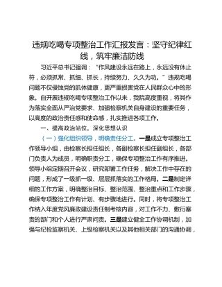 违规吃喝专项整治工作汇报发言：坚守纪律红线，筑牢廉洁防线
