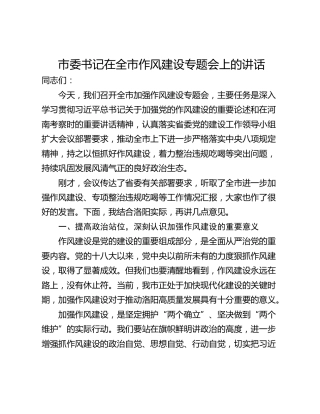 市委书记在全市作风建设专题会上的讲话