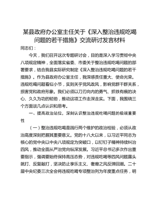 某县政府办公室主任关于《深入整治违规吃喝问题的若干措施》交流研讨发言材料