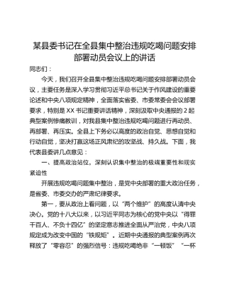 某县委书记在全县集中整治违规吃喝问题安排部署动员会议上的讲话