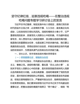 坚守纪律红线，巡察违规吃喝——在整治违规吃喝问题专题学习研讨会上的发言