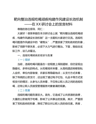 靶向整治违规吃喝顽疾构建作风建设长效机制——在XX研讨会上的发言材料