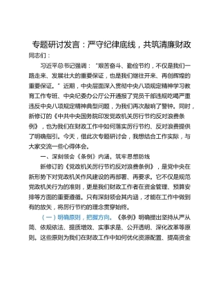 专题研讨发言：严守纪律底线，共筑清廉财政