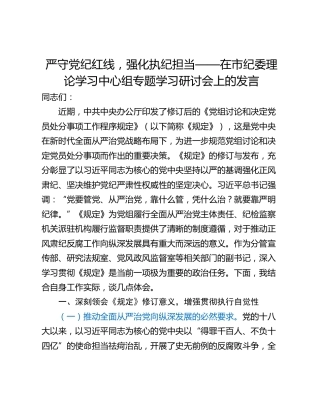 严守党纪红线，强化执纪担当——在市纪委理论学习中心组专题学习研讨会上的发言