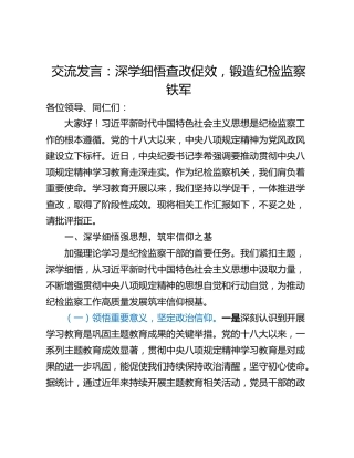 交流发言：深学细悟查改促效，锻造纪检监察铁军