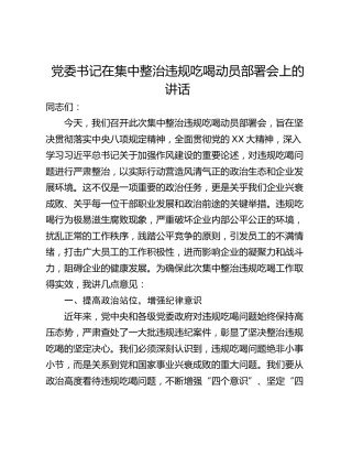 党委书记在集中整治违规吃喝动员部署会上的讲话