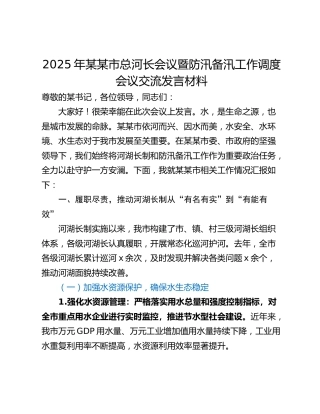 2025年某某市总河长会议暨防汛备汛工作调度会议交流发言材料