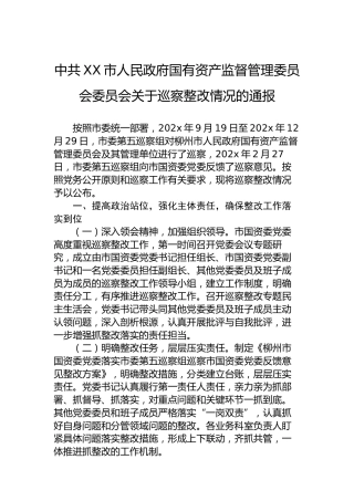 中共XX市人民政府国有资产监督管理委员会委员会关于巡察整改情况的通报