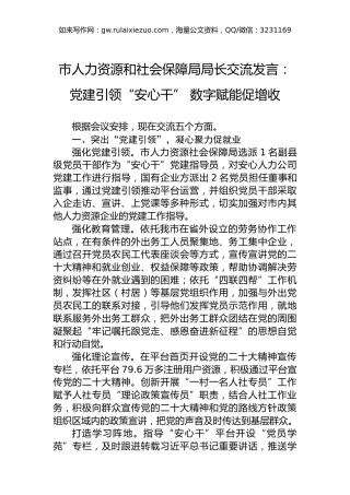 市人力资源和社会保障局局长交流发言：党建引领“安心干”数字赋能促增收