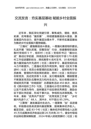 交流发言：夯实基层基础赋能乡村全面振兴